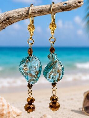 Glass & Crystal, Blue & Gold Dangle Earrings